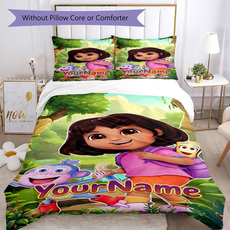 Dora Explorer Customize Your Name Bedding Set Breathable Duvet Cover with Pillowcases Home Decoration Birthday Gift
