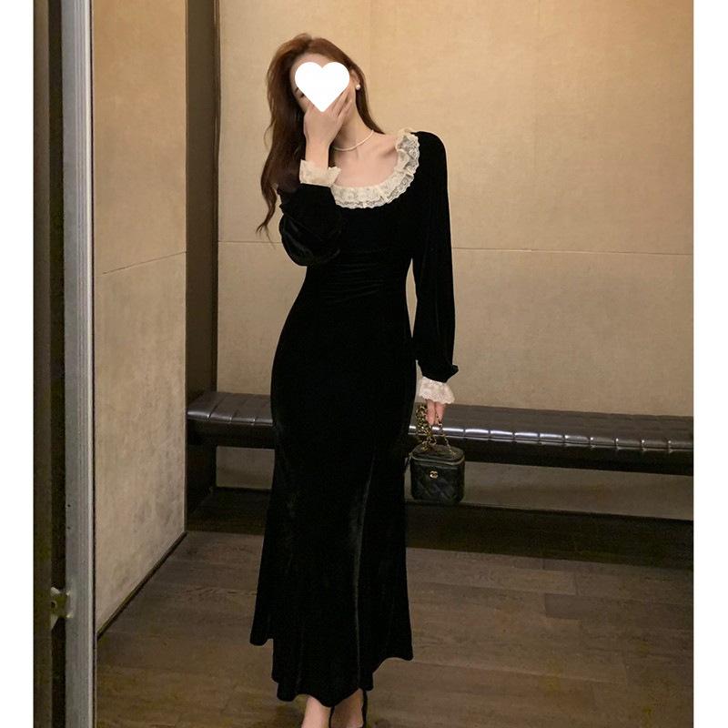 Lace black velvet dress women's autumn and winter small black dress slim-fitting hip-wrapped fishtail long skirt