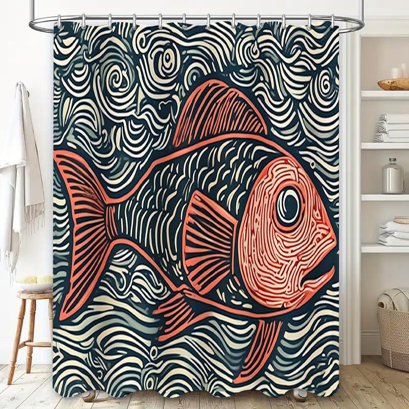 Vibrant Fish Shower Curtain Modern Bathroom Decor With Waves Pattern Perfect For Bathrooms Vanities Black Orange Red Fabric Prin