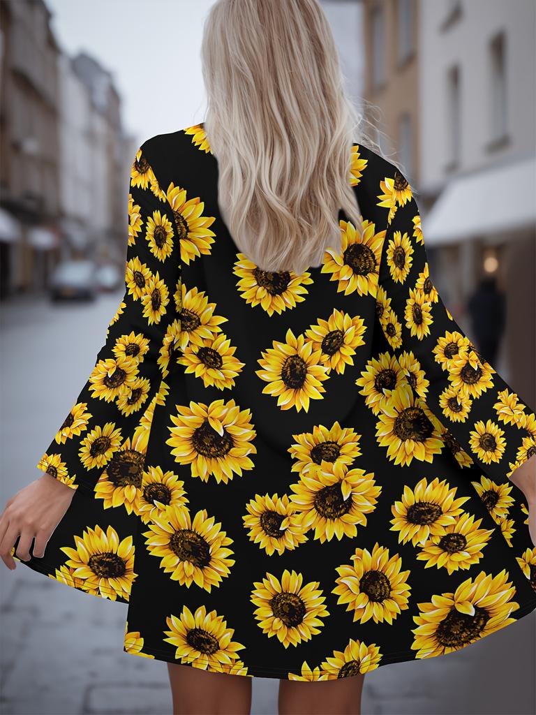 2025 Women's Sunflower Printed Long Sleeve Cardigan, Polyester Open Front, Lightweight Cover Up, Spring Autumn Casual Coat