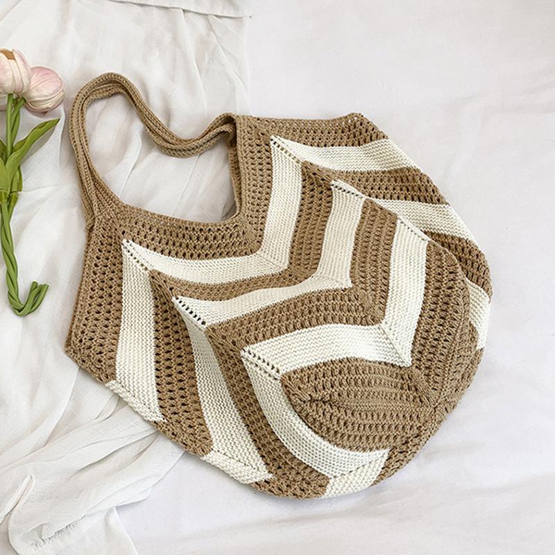 Women's Roomy Woven Net Backpack, Perfect for Summer Vacations, Casual Knitted Hollow-out Shoulder Bag KTB