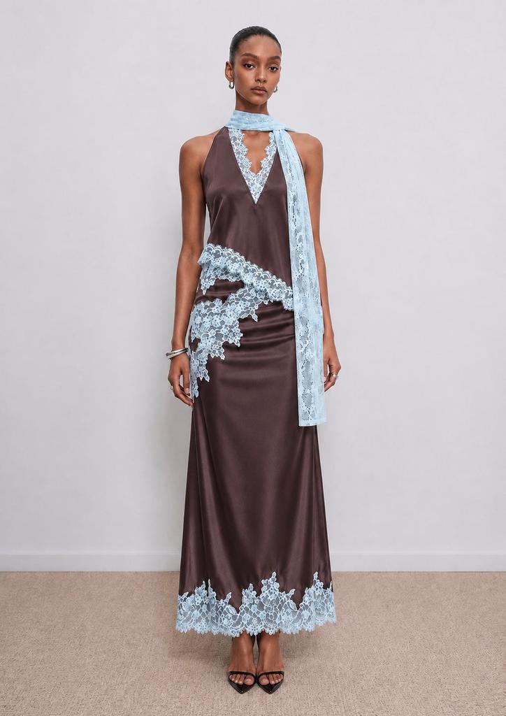 Slim-fit long dress neck V-neck light blue floral lace splicing neck strap float and ground fish tail dress