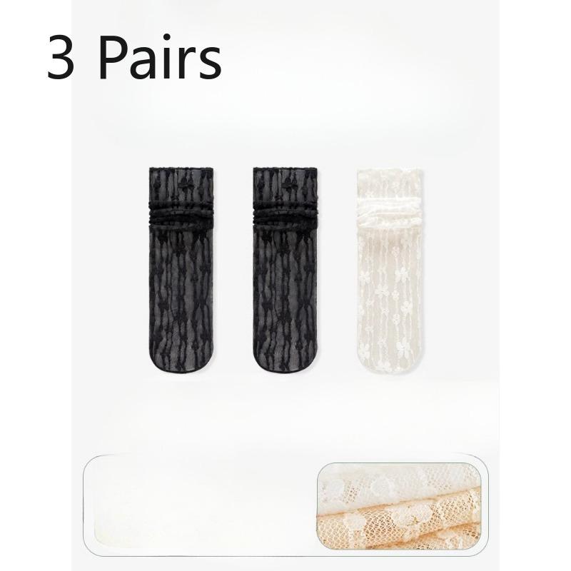 3 Pairs of Women's Summer Thin Lace Flowers In The Tube Pile Socks
