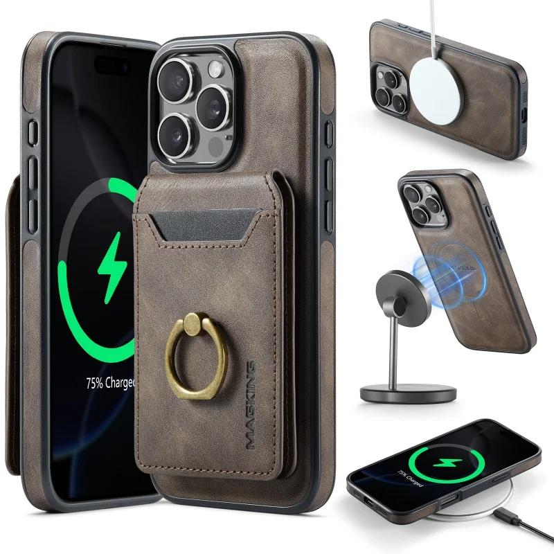 

Магнитный беспроводной зарядный чехол-книжка из кожи для iPhone 17 Pro Max 16E 16 Plus 15 14 13 12 MagSafe Кошелек Чехол для карт Coque iPhone 14 Pro
