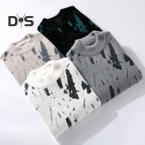 Men Winter Sweater Contrast Color Graffiti Thick Plush Half-high Collar Elastic Knit Long Sleeves Daily Wear School Dating Sweater
