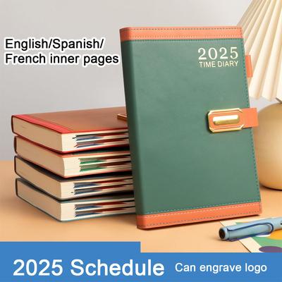 A5 Leather 2025 Business Schedule Record Book, English/Spanish/French Pages, Student Daily Planner, Notepad, Memo