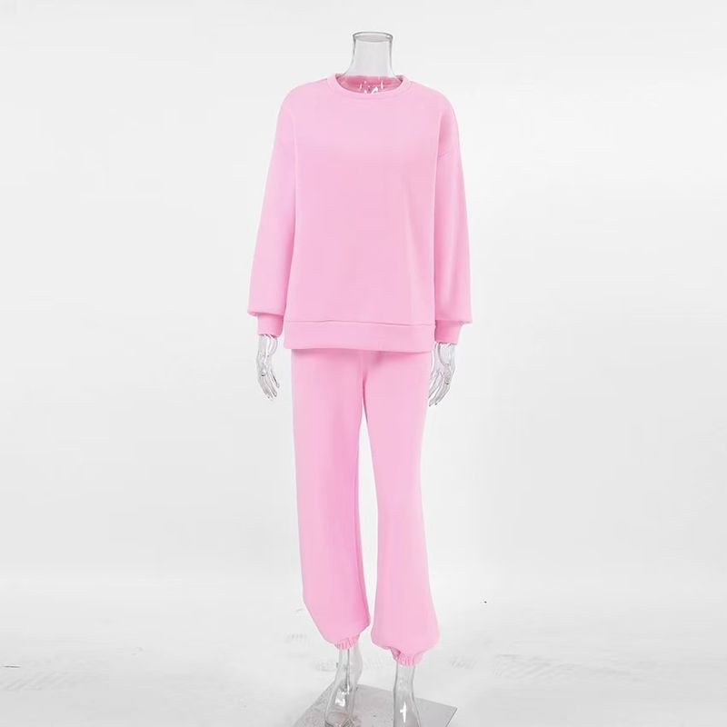 

European and American Fashion Autumn and Winter New Long sleeve Fleece-lined Hoodie Trousers Casual Two-piece Set Top and Pants Set Pink L