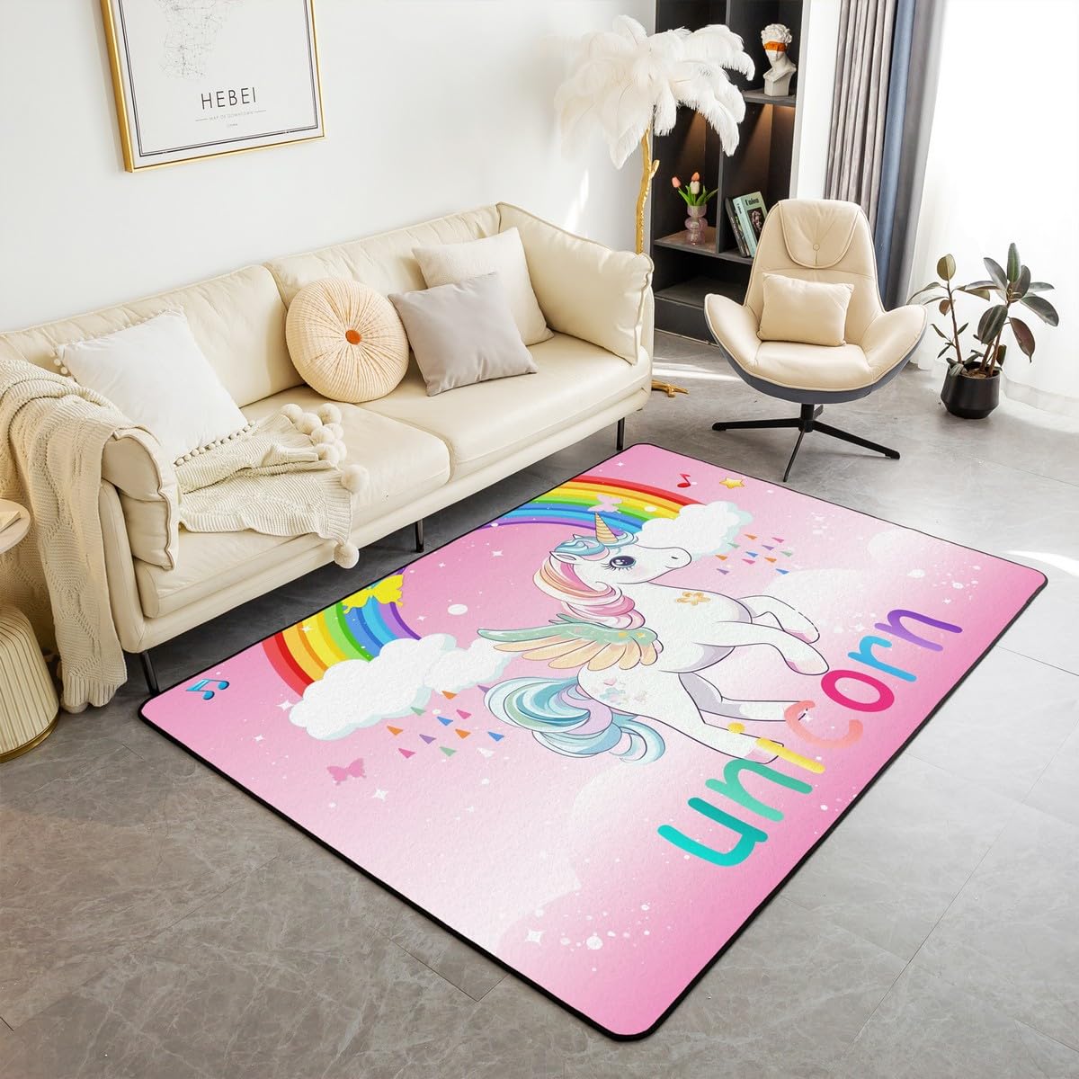 

Unicorn Living Room Rugs 3x5 for Girls, Kawaii Rainbow Unicorn Area Rug for Bedroom, Kids Galaxy Stars Carpet Non Slip, White Horse Floral I 160cm x 200cm