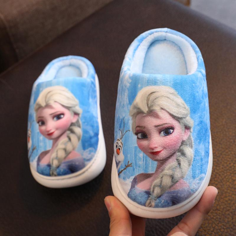 Frozen Girls' Cotton Slippers - Warm, Non-slip Autumn/Winter Princess Elsa Fur Slippers for Kids