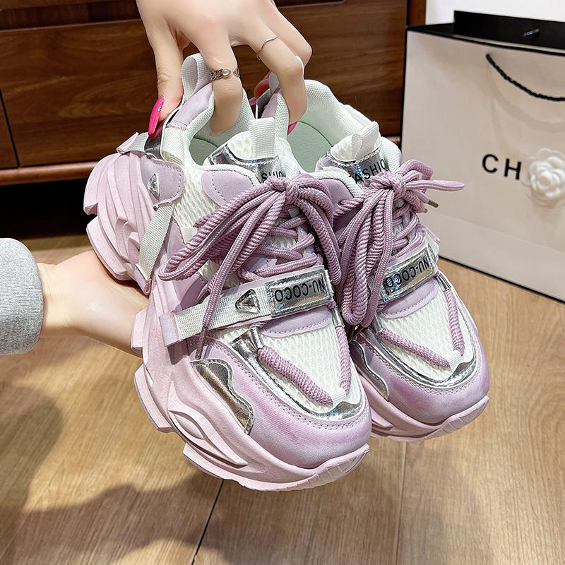 Fashion Summer Shiny Sequins Chunky Platform Sneakers Women Breathable Lace Up Height Increase Shoes Woman Fashion Cute Pink Sneakers
