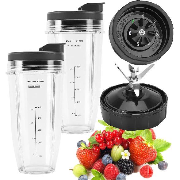 2 Pack 24oz Ninja Blender Cups Replacement Parts with To-Go Lids, 7 Fins Ninja Blender Blade for Ninja BL2012 BL480-30 BL482-30 BL640-30 BL642-30