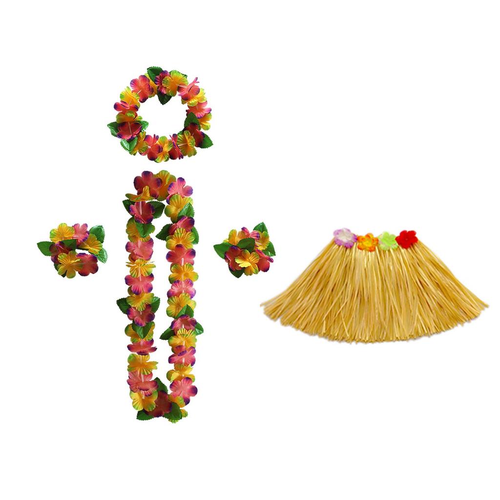 Kaifeng Summer Hawaiian Grass Skirt and Flower Garland Dance Party Set - 5 Pieces (30CM, 40CM, 60CM, 80CM)