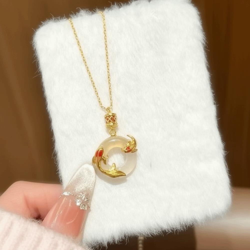 Hollow Round Koi Peace Buckle Necklace Chinese Style Lucky Pendant Gift for Women