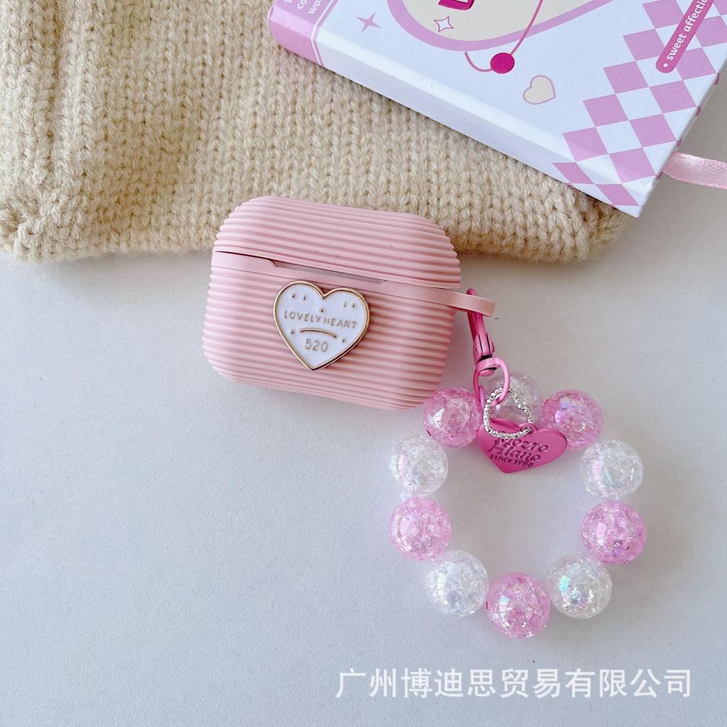 New Apple Silicone Horizontal Stripe Earphone Case Small Fresh Hand Beads + Silicone AirPods Pro1 Love + Hand Beads