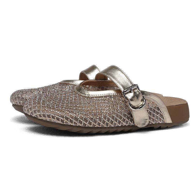 Mary Jane half-mop sandals buckle comfortable and not tired feet summer women's shoes silver hollow mesh bag head half slippers