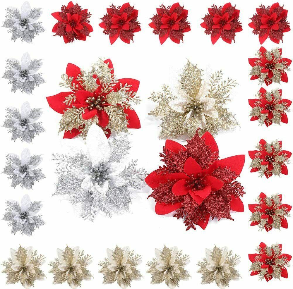 Poinsettia Ornament Festive Color Christmas Party Decor Large Ornament Tree Hanging Design Glitter Decoration For Holiday Party