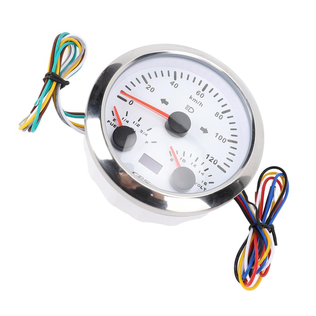 Tbest 85mm GPS Speedometer with and Fuel Level for and Trucks Silver Odometer, Voltmeter, Gauge, 120km/h, 7-Color Backlight, RVs, Yachts, (White Dial,