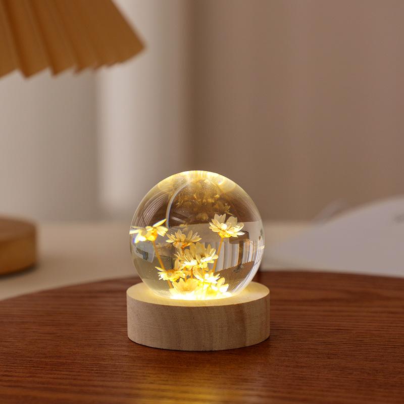 Dandelion Crystal Ball Night Light with Preserved Flower 3D Carving Luminous Resin Ornament.