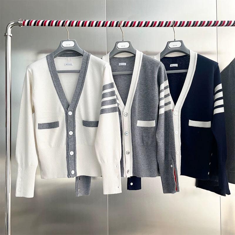 TB Unisex V-Neck Knit Cardigan - Autumn/Winter Colorblock Sleeves with Four Stripes, Slim Fit, Fairy Style.