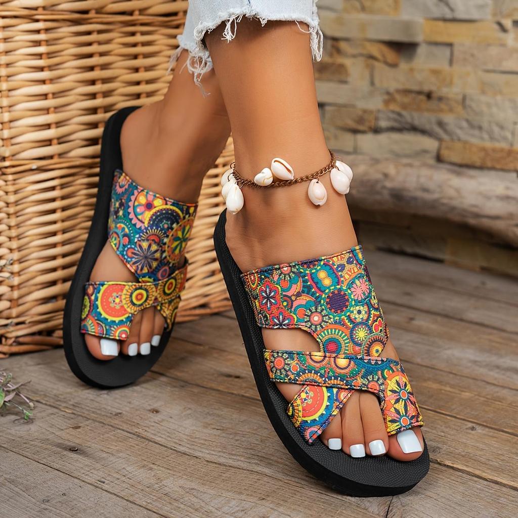Damen Lässige Stilvolle Bedruckte Stoff Große Größe Flache Sandalen, Neue Damen Modische Lässige Flache Hausschuhe