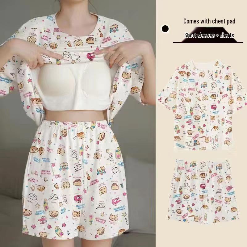 Korean Style Women's Cartoon Pajamas Set with Built-in Bra - Short-Sleeved, Loose, Plus Size, Summer Homewear