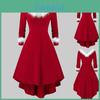 Vestido de Festa Feminino Natal Assimetrico Painel de Pele Sintética Vermelho Retro Elegante Quente Maxi Vestido