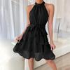 Women Autumn Winter Sleeveless Soild Color Halter Casual A-Line Knee-Length High Waist Ruffled Edges Dress