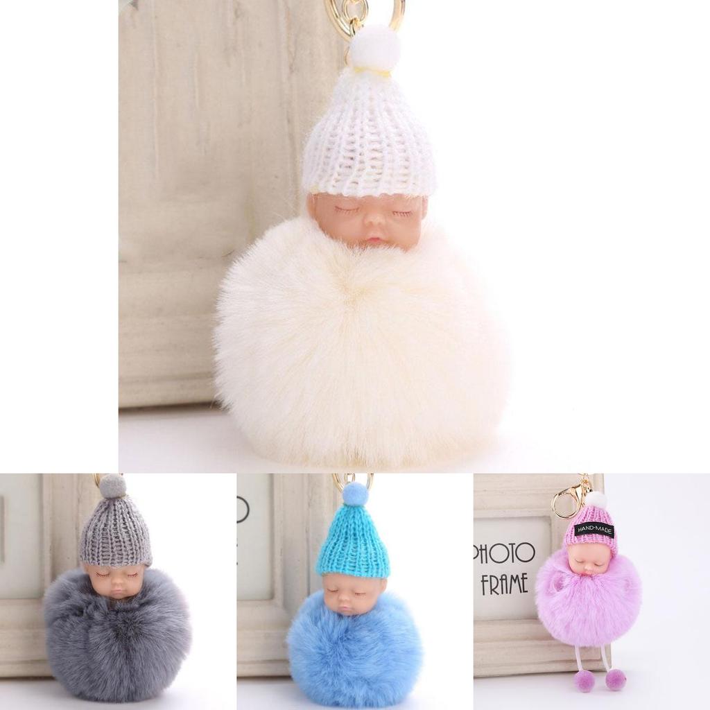 Entzückender schlafender Babypuppen-Schlüsselanhänger mit weichem künstlichem Kaninchenfell für Taschen und Schlüssel