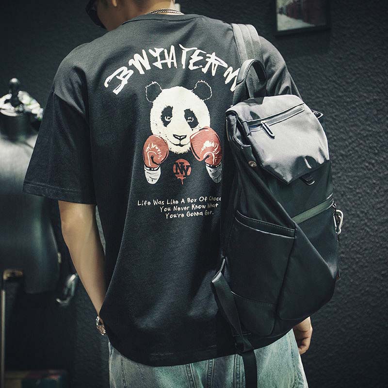 

Летняя черная хлопковая футболка с короткими рукавами, мужской свободный топ с половиной рукавов, большой размер с принтом дикой панды M чёрный