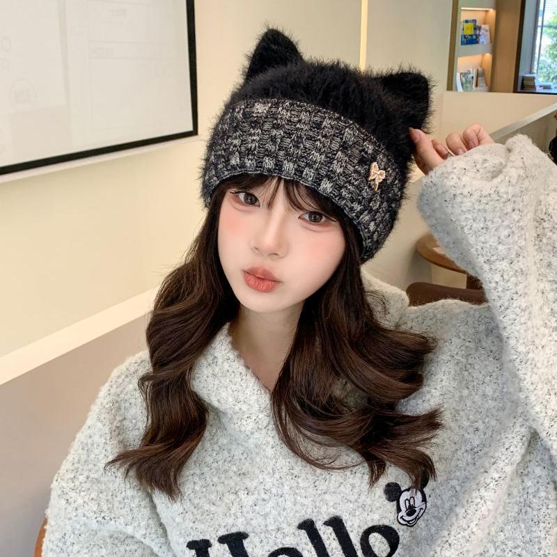 Cute Cat Ears Wool Hat Women's Autumn and Winter New Thick Warmth Outdoor Cold Proof Versatile Knitted Hat