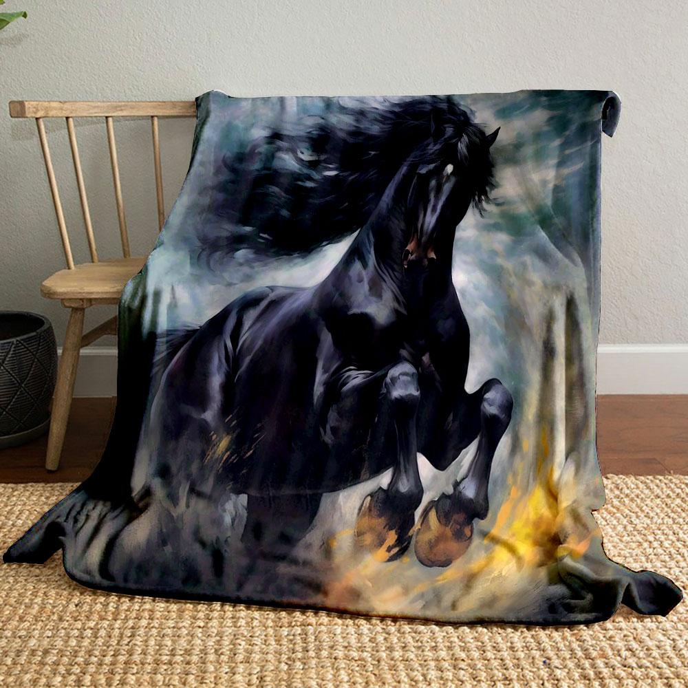 "Majestic Black Horse In Fiery Motion" Patterned Blanket, Flannel, Suitable for All Seasons, Home Decor, Warm and Cozy