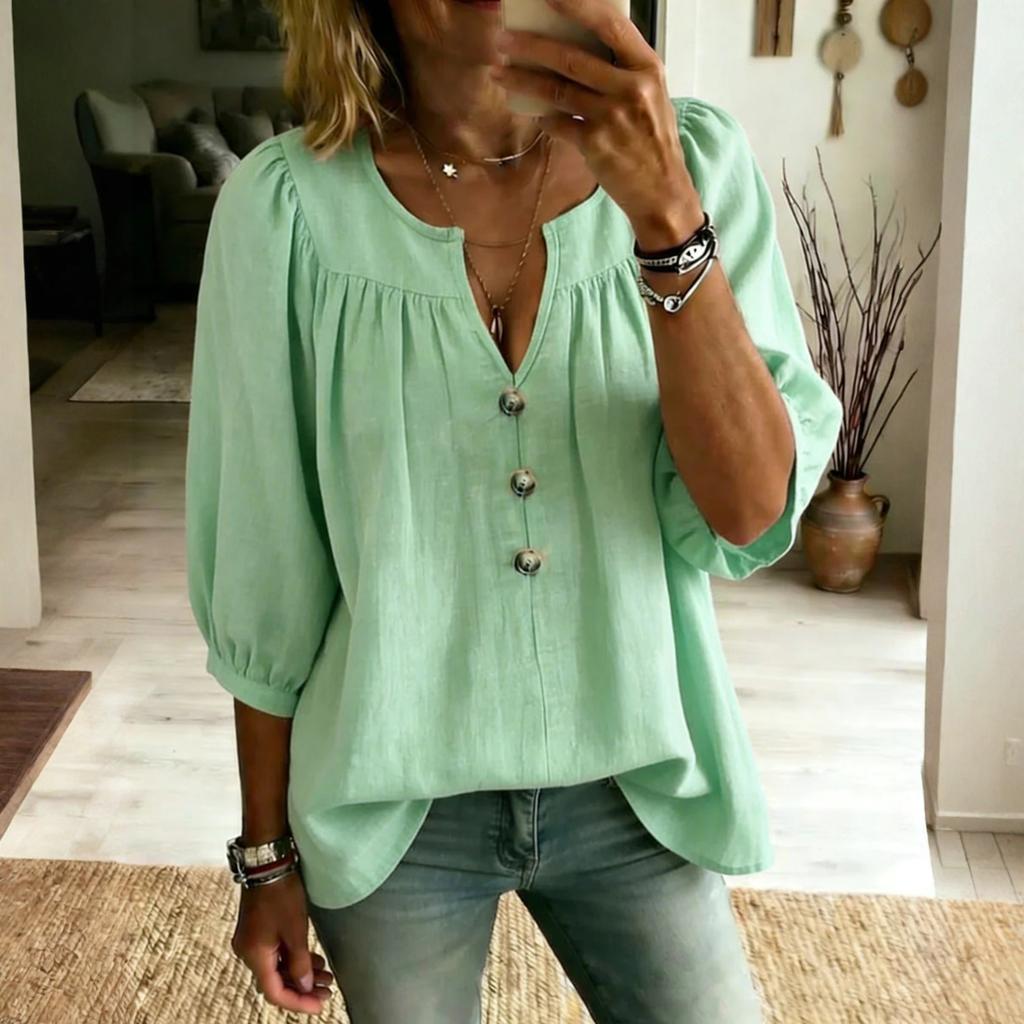 Women's Cotton And Linen Three-quarter Sleeve Button Casual Loose T-shirt