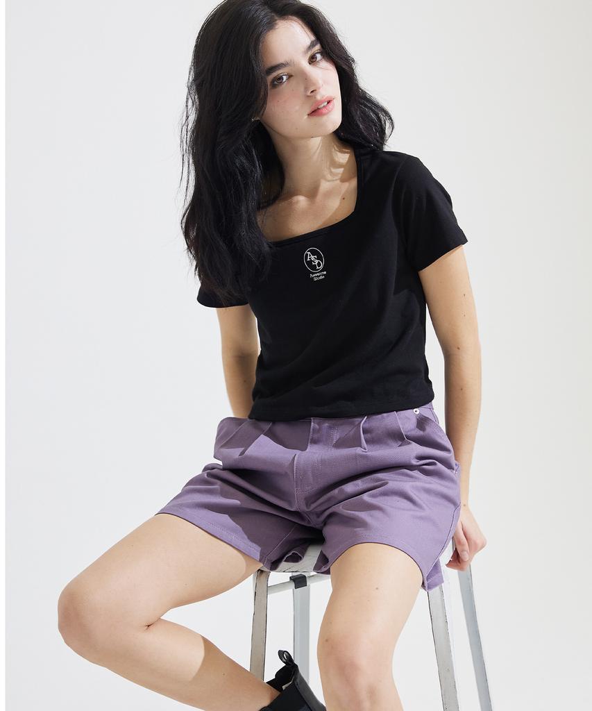 AWESOME STUDIO Women'S Collared Short Denim Pants Purple