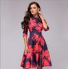 European & American Autumn/Winter Women's Retro Floral A-line Dress with 3/4 Sleeves & Round Neck
