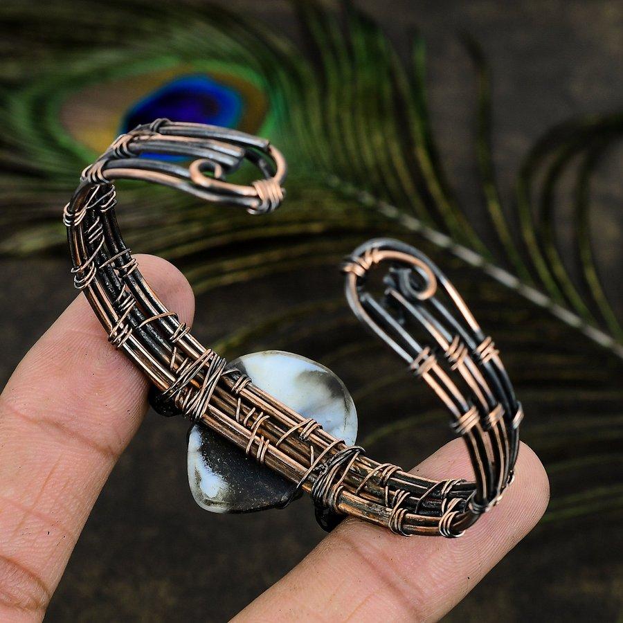 Natural Owyhee Opal Gemstone Handmade Copper Wire Wrap Cuff Bangle Adj. o4C27