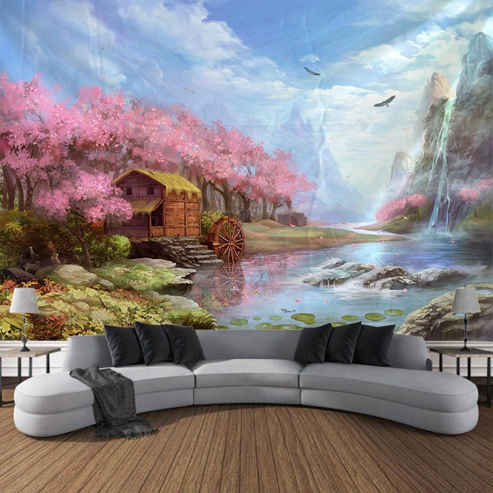 Retro Krajina Olejomalba Tapiserie Nástěnná Fantasy Domácí Umělecká Dekorace Fantasy Kawaii Pokoj Pozadí Látková deka