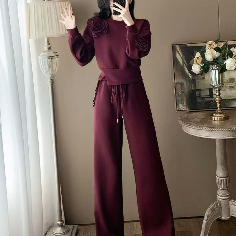 Spring and Autumn Casual Set Hoodie Three-dimensional Flower Long-sleeved Warm Comfortable and Stylish Two-piece Set