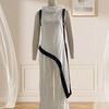 Women Color Block Cotton Linen Two-Piece Outfit Asymmetrical Hem Mock Neck Sleeveless Top Wide-Leg Pants Vacation Lounge Sets