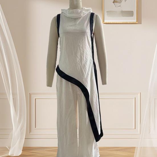 Women Color Block Cotton Linen Two-Piece Outfit Asymmetrical Hem Mock Neck Sleeveless Top Wide-Leg Pants Vacation Lounge Sets