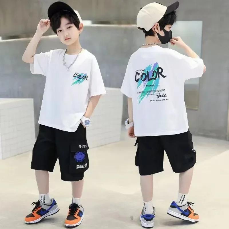 Teen Boys Clothing Set Summer Letter Graffiti Short Sleeve T Shirt Shorts Suit Kids Casual Outfit