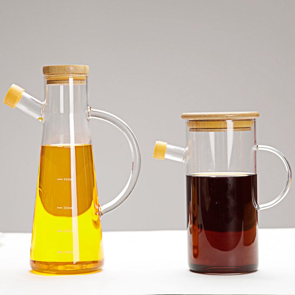 500/800ml Cooking Seasoning Bottle Dispenser Glass Olive Oil Sauce Vinegar Pot Bottles with Handle Lid Kitchen Cooking Container