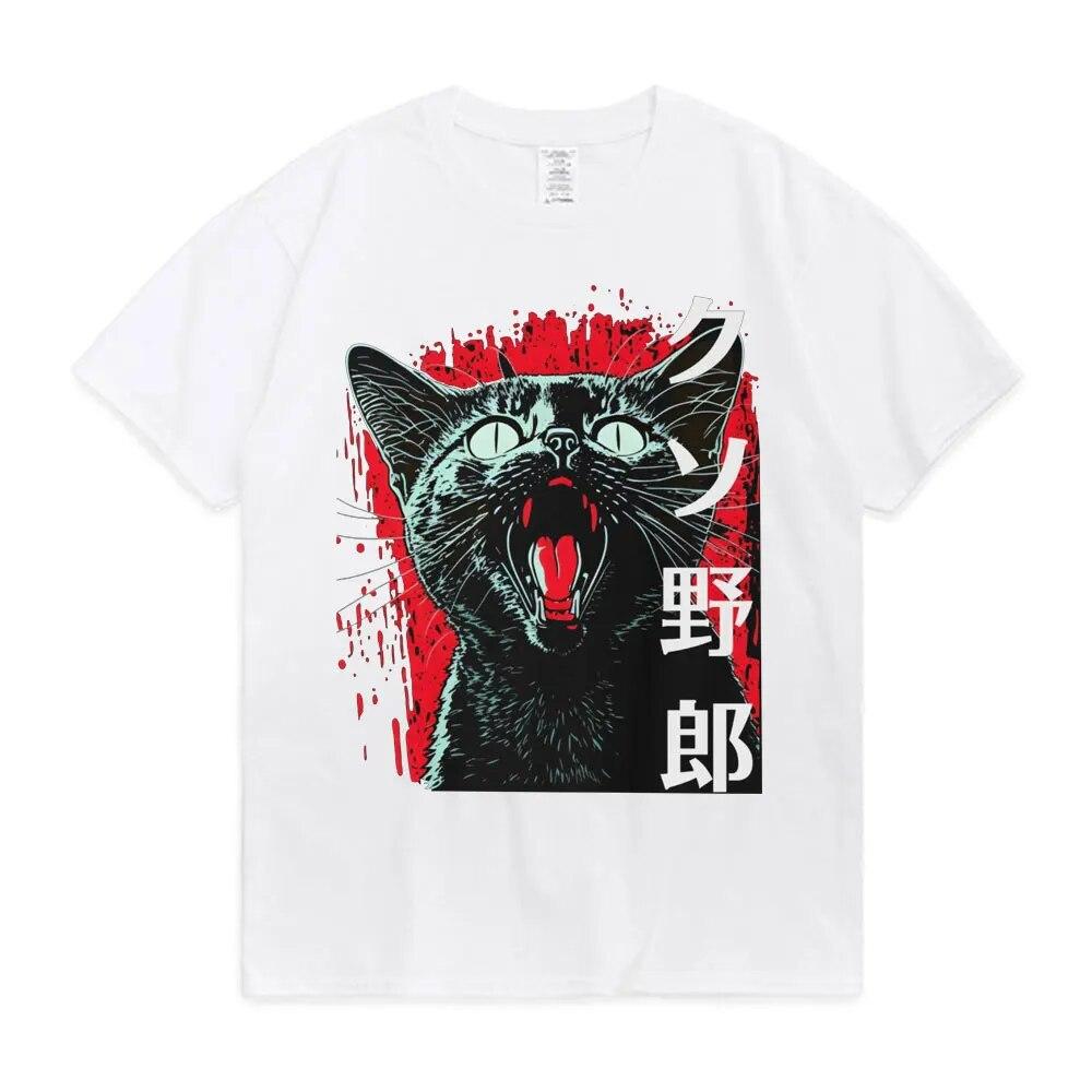 Žhavé vtipné japonské kotěcí tričko Cat Horror pro unisex ženy Letní bavlněné tričko Harajuku Streetwear Trička s krátkým rukávem Topy