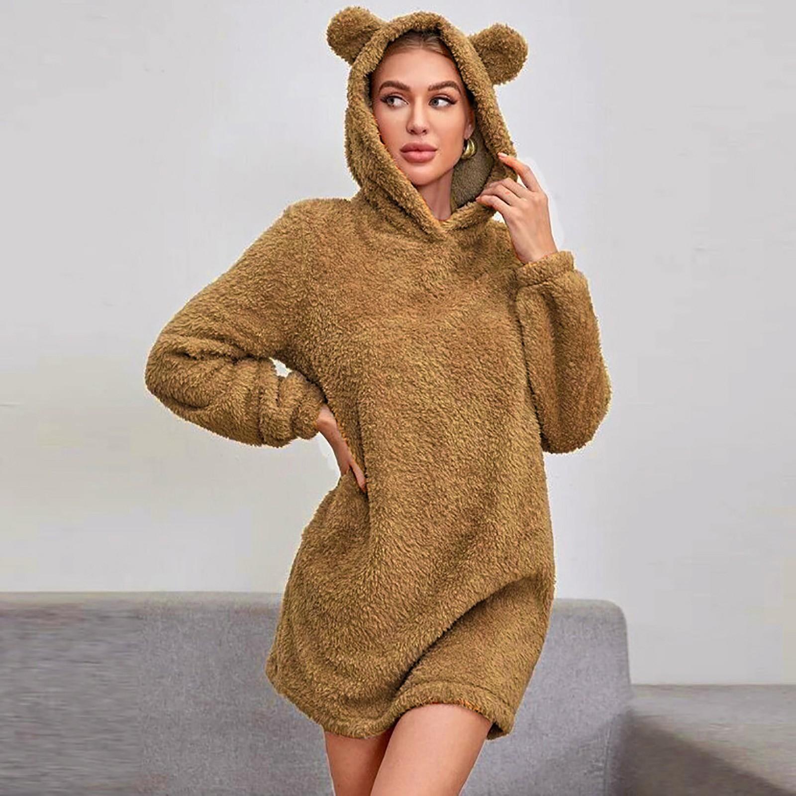Women s Winter Soft Warm Color Long Sleeve Trucksuit Bear Ears Hoodie XL хаки