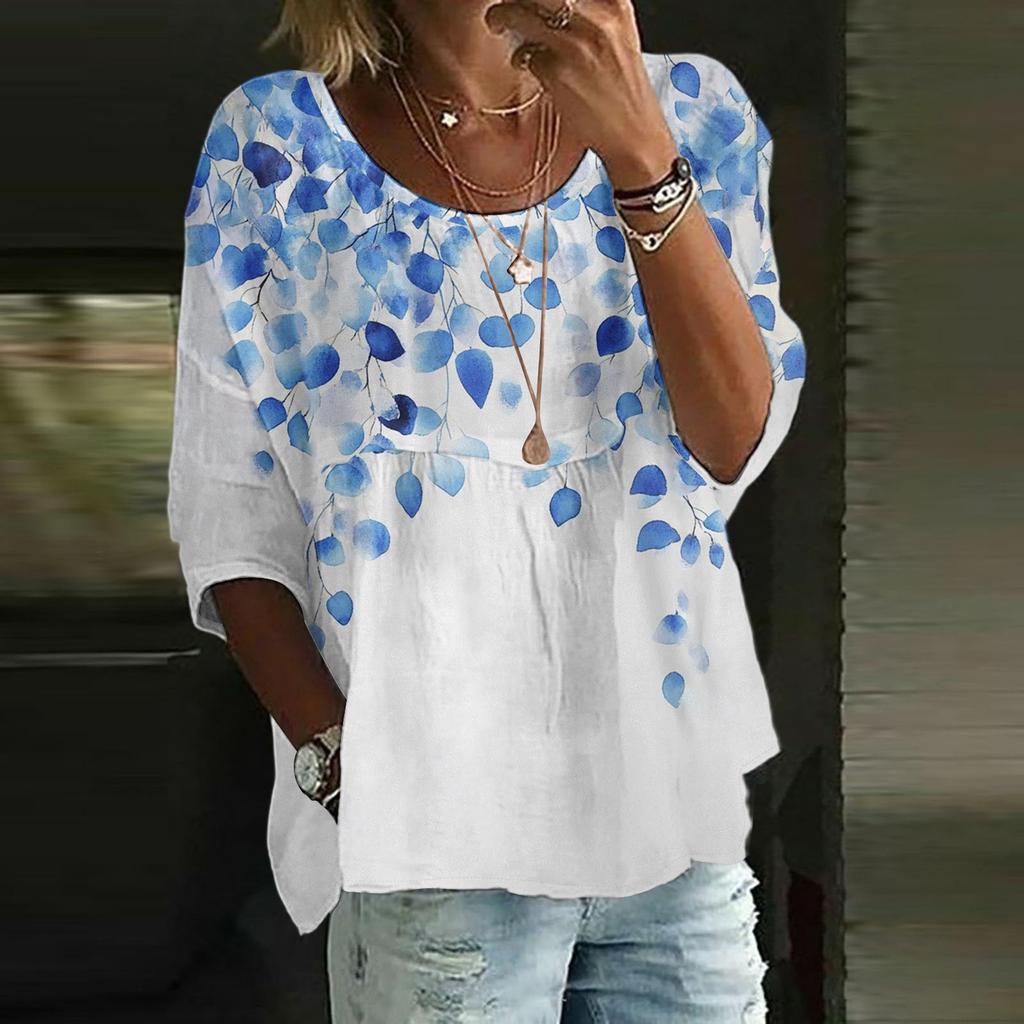 Damen Casual Mode Dreiviertelarm Locker Rundhals Floral Bedrucktes Oberteil