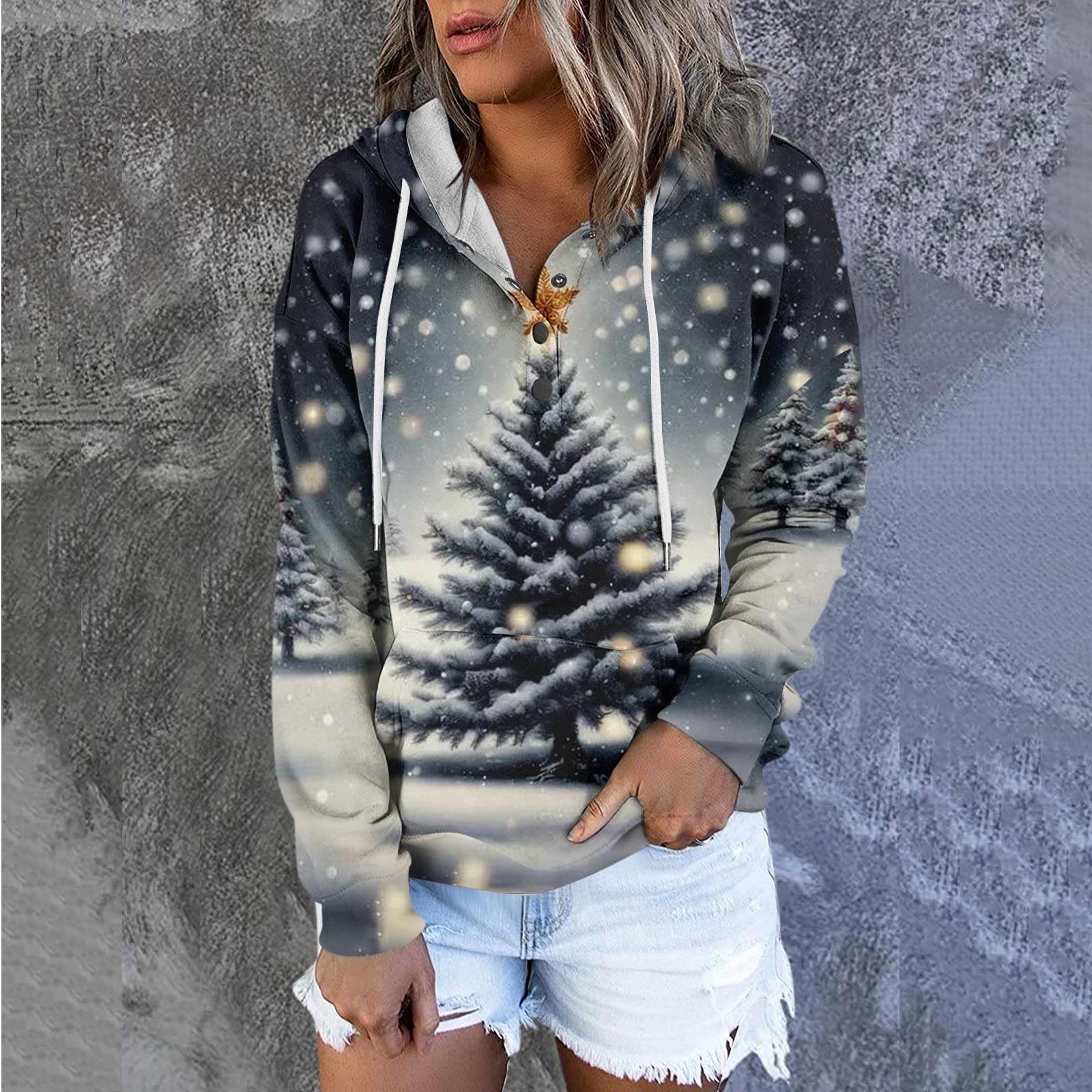 

Женская модная толстовка с длинными рукавами и принтом рождественской елки и снежинок M серый