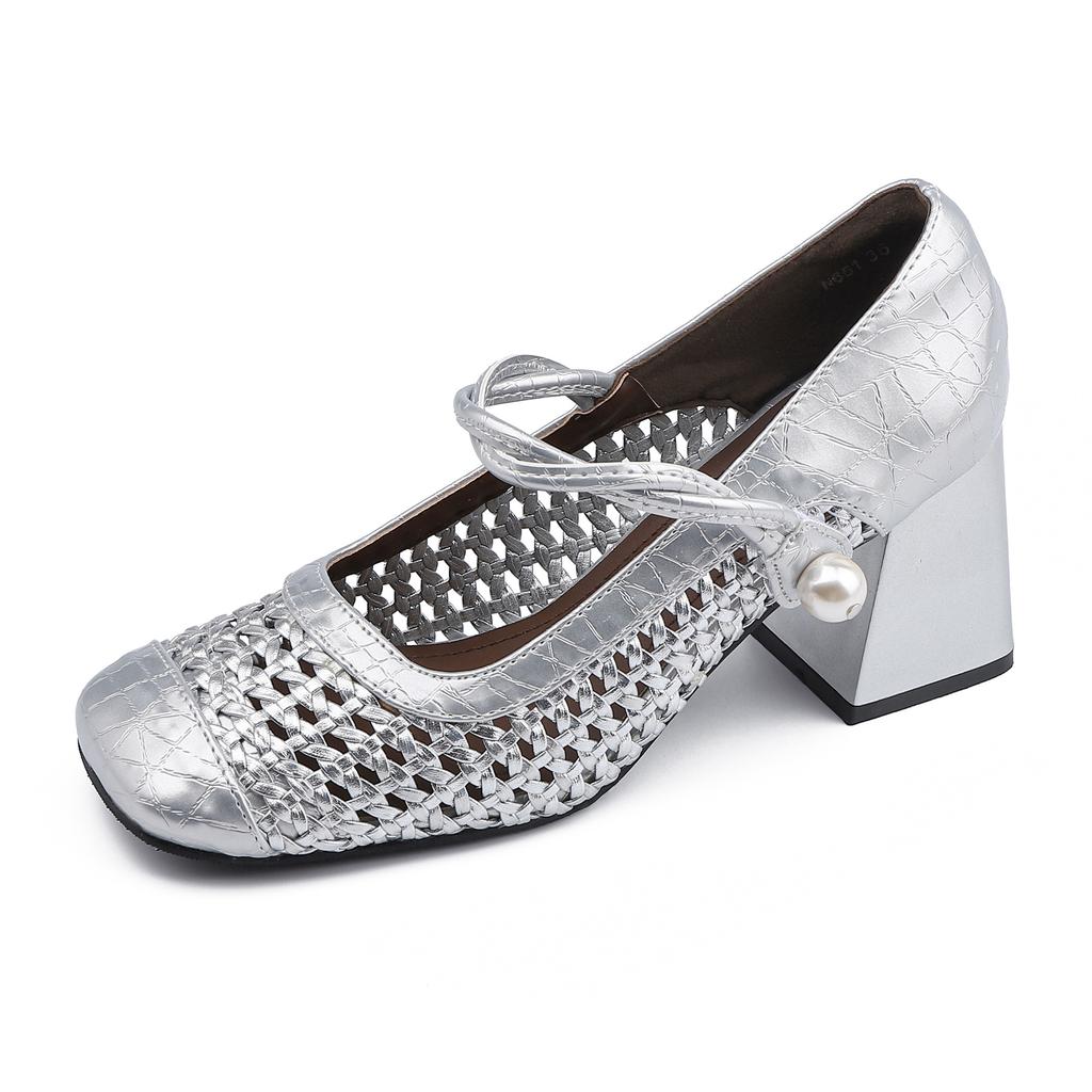 2025 summer new Mary Jane woven single shoes women wear high-end temperament single shoes women thick heels are not tired