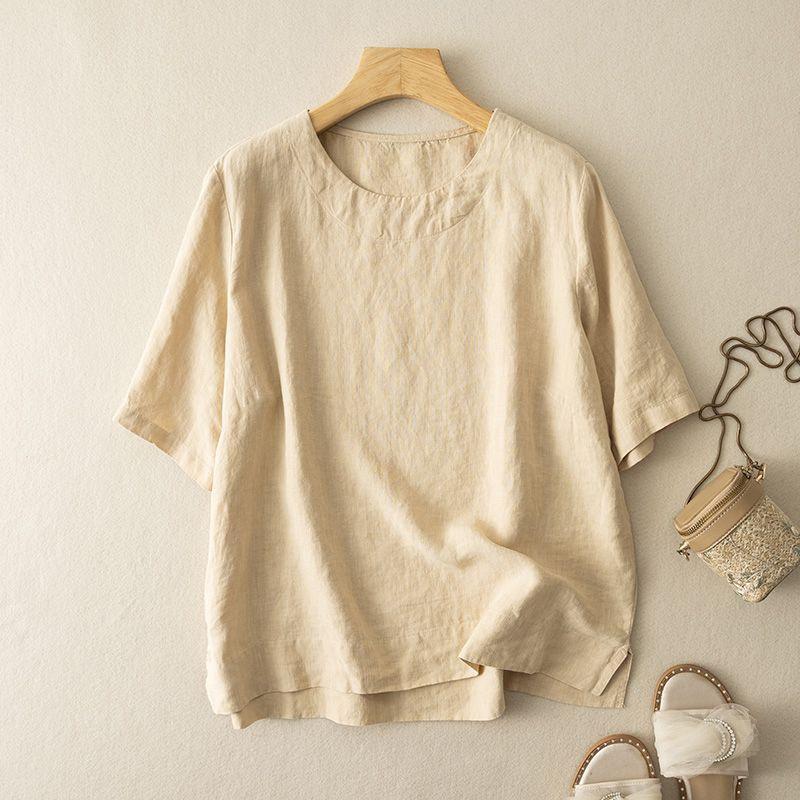 Damen Sommer Baumwolle Leinen Kurzarm T-Shirt Vintage Rundhals Lockerer Schnitt Lässig Atmungsaktiv Tägliche Kleidung Pullover Top