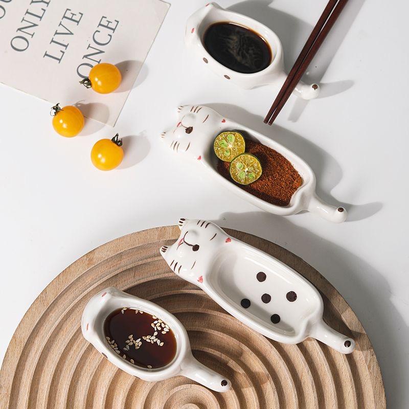 2pcs Ceramic Cat Dish Multi-Functional Sauce Plate & Chopstick Rest