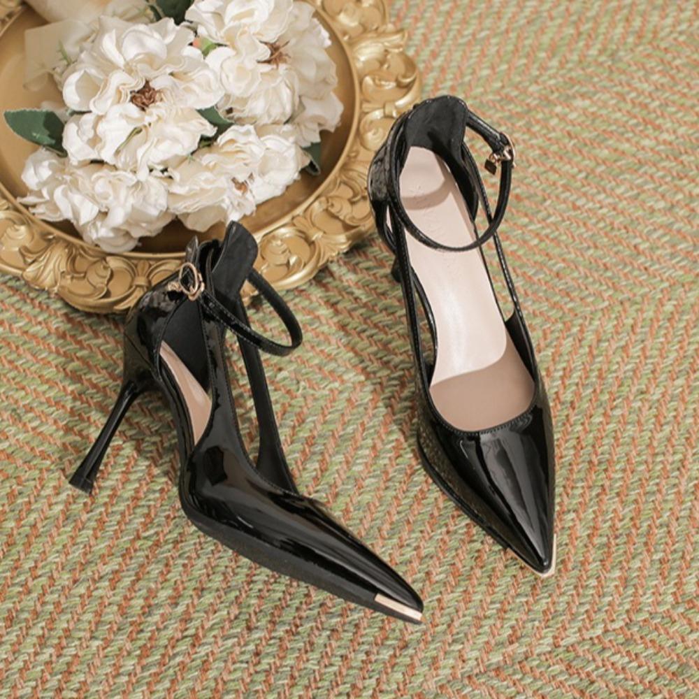 Heels for Ladies Thin Heel Pointed Metal Toe High Heels Women's Hollow Solid Color Patent Leather Commuter Work Shoes Women