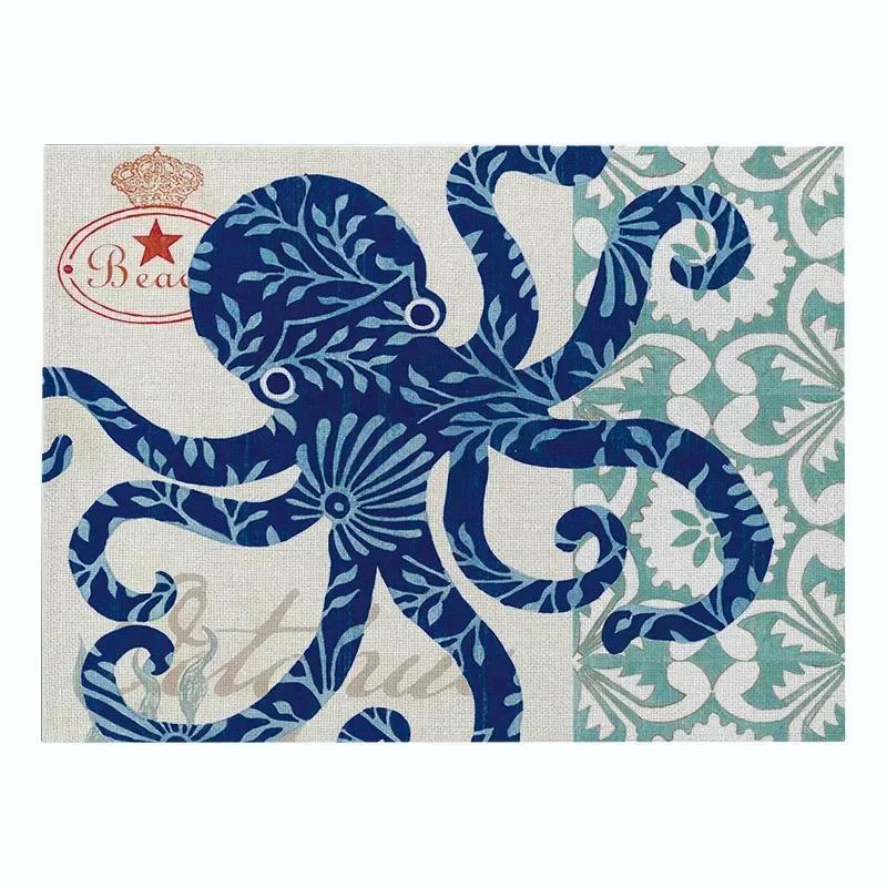 

4PC Mermaid Pattern Kitchen Placemat Marine Life Decorative Table Mats Linen Waterproof Drink Coasters Sea Turtle 30x45cm-4PC
